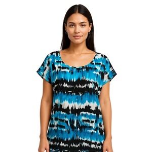 Sharon Young Blouse Top M Abstract Pullover Cuffed Short Sleeve Modern‎ Chic